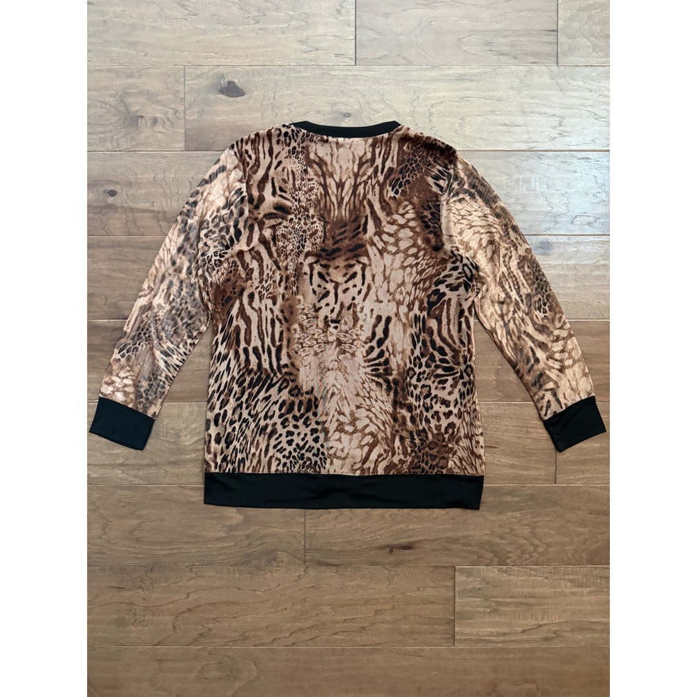 Chico's Cardigan Women Size 2 L Brown Animal Print Sheer Button Up Casual Top - Picture 3 of 6